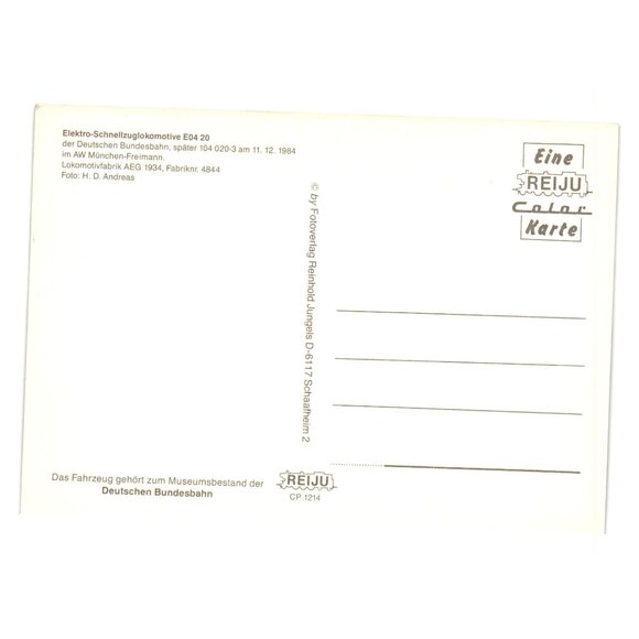 Elektro Schnellzuglokomotive E04 20 Deutsche Bundesbahn REIJU Postcard Train Car - Picture 2 of 2